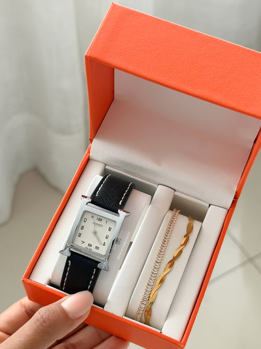 Hermes plateado + negro de banda cuero genuino + stainless steel (copia 3)