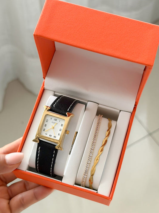 Hermes negro de banda cuero genuino + stainless steel (copia 2)
