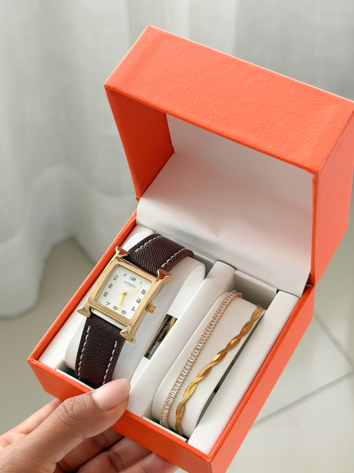 Hermes café chocolate de banda cuero genuino + stainless steel