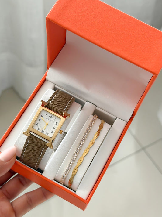 Hermes café claro de banda cuero genuino + stainless steel (copia 3)